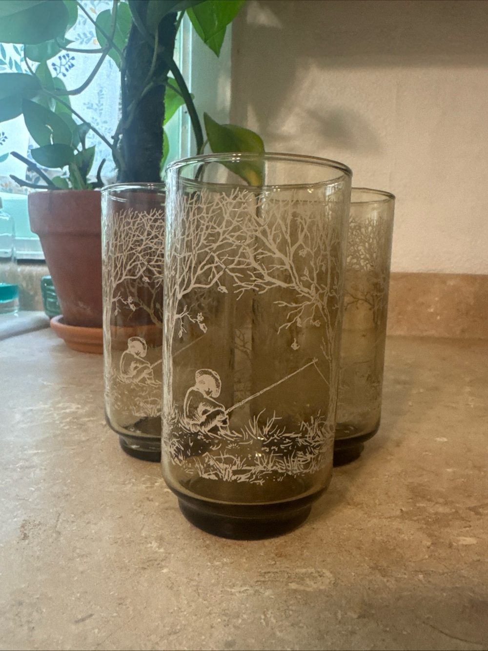 vintage Set Of 3 amber glasses Indiana Glass Company Boy Fishing Scene
